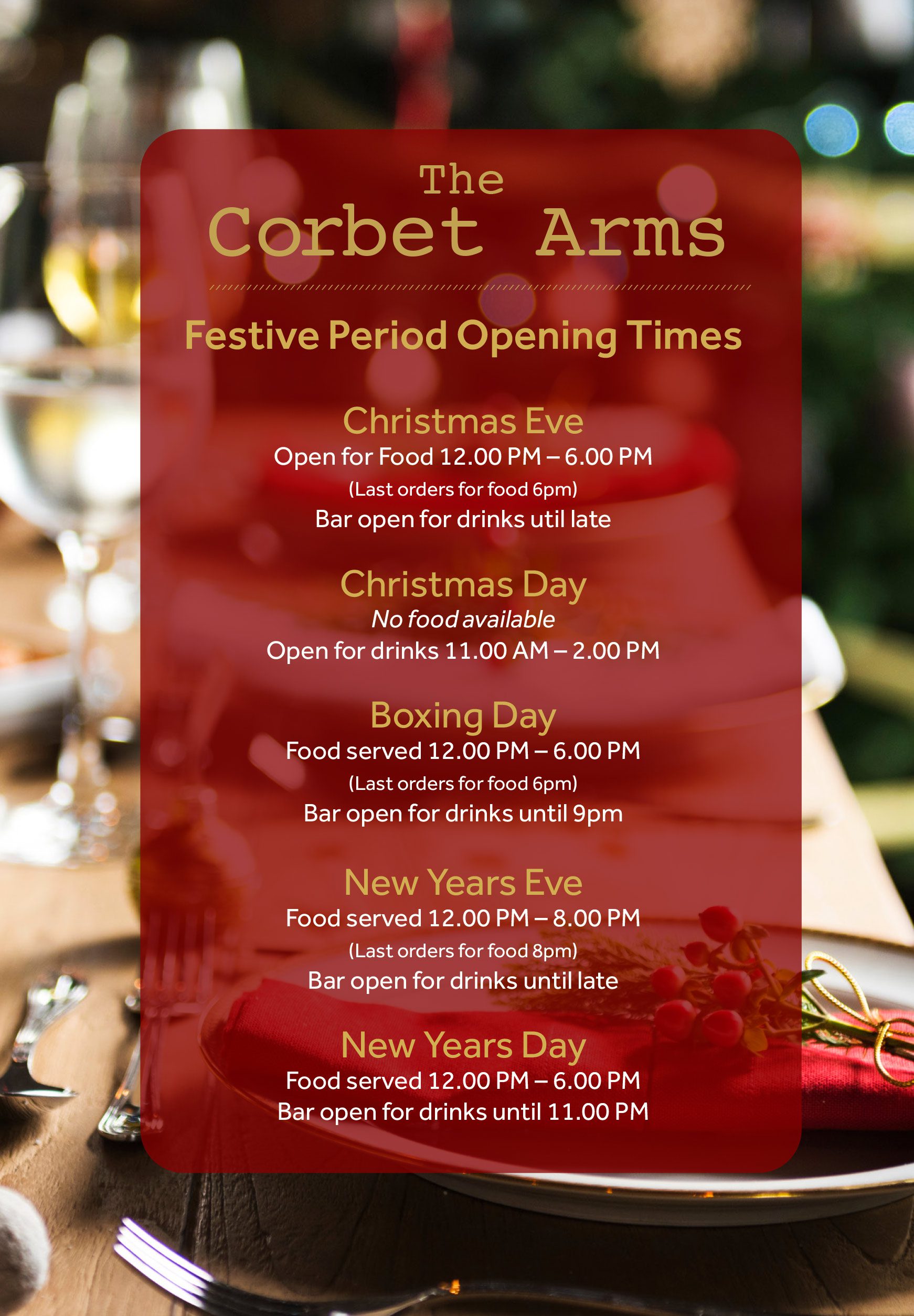 The Corbet Arms Christmas 2025 Opening Times The Corbet Arms Christmas 2025 Opening Times